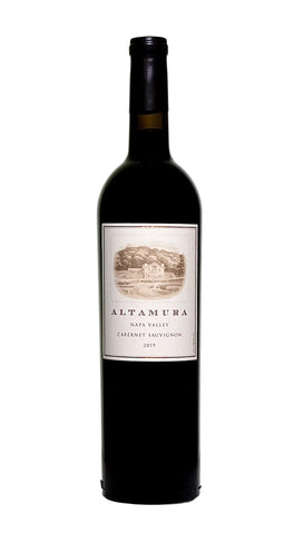 A bottle of Altamura Cabernet Sauvignon from Napa Valley, 2019, featuring a dark glass bottle with a cream-colored label and a black capsule, isolated on a white background.