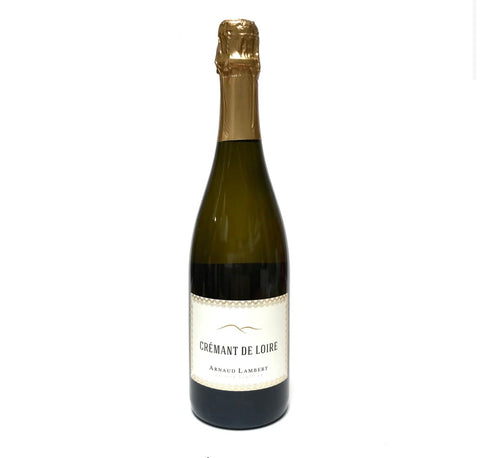 A bottle of Crémant de Loire sparkling wine by Arnault Lambert, featuring a dark green glass bottle, a gold foil capsule, and a cream-colored label.