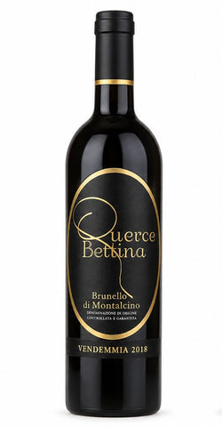 A bottle of Querce Bettina Brunello di Montalcino red wine, featuring a black glass bottle with a black label and elegant gold foil accents, set against a plain white background.