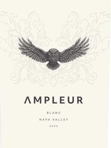 A wine label design for AMPLEUR Blanc Napa Valley 2023, featuring a detailed black line art illustration of an owl with spread wings on an off-white background with subtle ornamental flourishes.