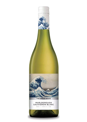 A bottle of Marlborough Sauvignon Blanc wine featuring a blue and white wave illustration on the label, resembling 'The Great Wave off Kanagawa'.