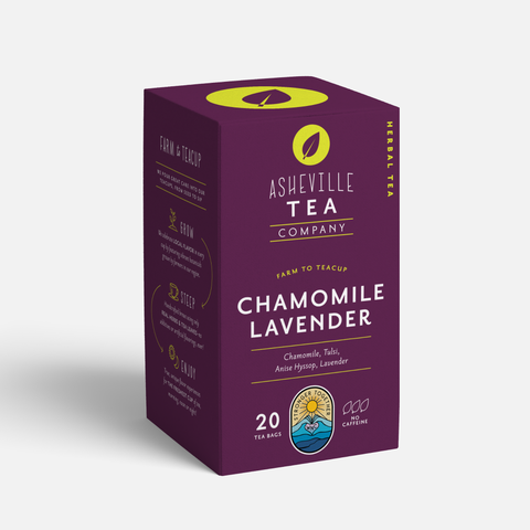 Box of Asheville Tea Company Chamomile Lavender tea on a white background