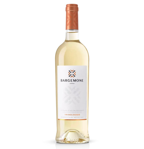 A bottle of Bargemone Classique Blanc white wine, featuring a pale golden-cream liquid, a white label with black text, and a textured copper-colored foil capsule at the neck, set against a plain white background.