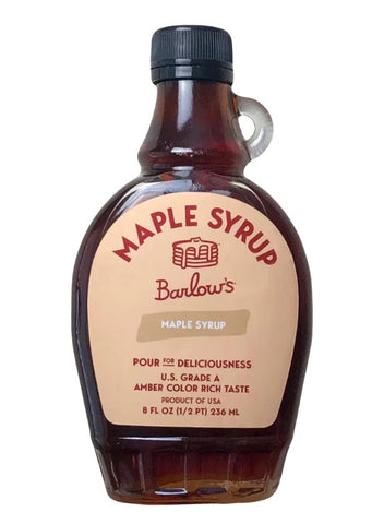 A bottle of Barlow's Maple Syrup with a beige label and black cap, shown against a plain white background.