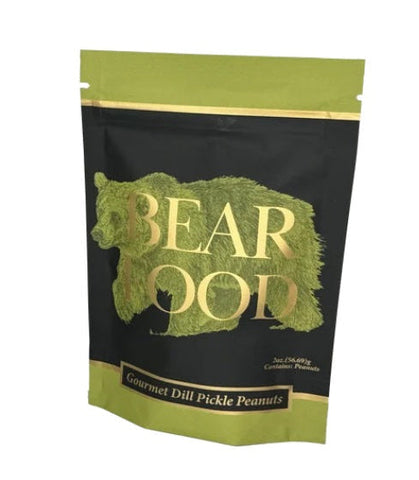 A stand-up pouch of Bear Food Gourmet Dill Pickle Peanuts, featuring a black and olive green design with a bear silhouette and gold lettering.