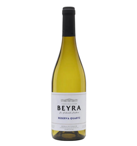 A bottle of Beyra Reserva Quartz white wine with a white label and black cap, set against a plain white background.