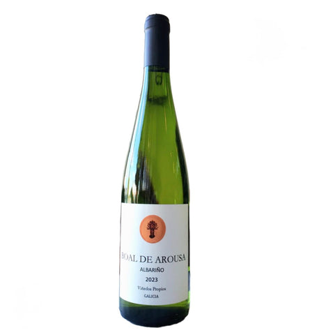 A bottle of Boal de Aroussi Albirribo 2023 white wine, featuring a green glass bottle, a white label with a small orange tree logo, and a dark blue screw cap, set against a plain white background.