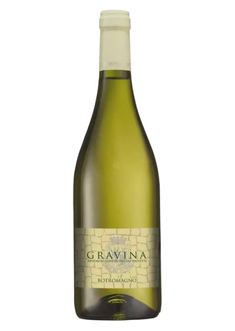 A bottle of Gravina Botromagno white wine in a dark green glass bottle with a cream-colored foil capsule and a beige label, shown against a plain white background.