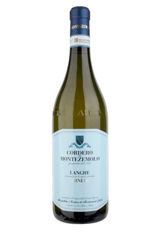 A bottle of white wine from the brand Corredo Montezevolo, specifically Langhe Rinese, in a dark green glass bottle with a white and blue label and a dark blue foil cap.