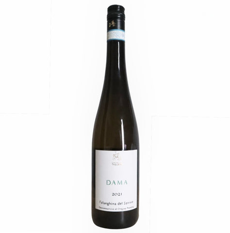 A single bottle of Dama 2021 Falanghina del Sernio white wine, featuring a dark glass bottle with a white label and black cap, set against a plain white background.