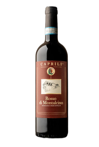 A bottle of Caprili Rosso di Montalcino red wine, featuring a dark glass bottle with a brown label and a black screw cap, set against a plain white background.