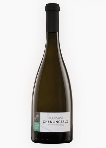 A bottle of Touraine Chenonceaux white wine in a dark green glass bottle with a black capsule and a white label, shown against a plain white background.