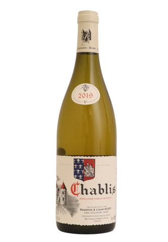 A bottle of Chablis white wine with a cream-colored label and a cream-colored neck seal, featuring the Chablis castle logo and a 2018 vintage seal.