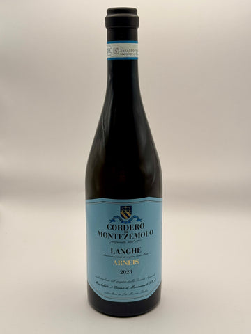 A bottle of Cordero di Montezemolo Langhe Arneis wine with a label in blue and white colors.