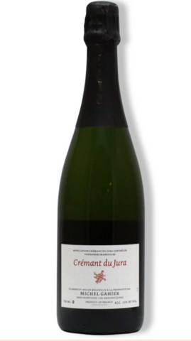 Bottle of Crémant du Jura wine with a visible label on a white background