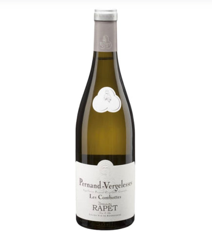 A bottle of Pernand Vergeloos Les Combottes by Râpét white wine, featuring a dark green glass bottle, a white label, and a silver foil capsule at the neck, set against a plain white background.