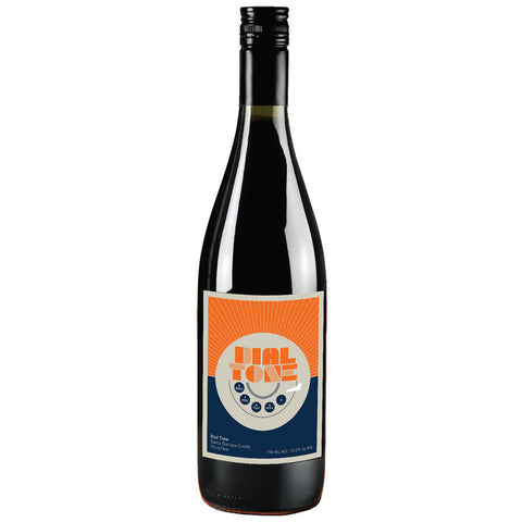 Wine bottle with an orange and blue label on a white background
