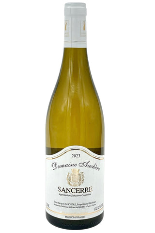 A bottle of Domaine AUCHON SANCERRE white wine, featuring a pale green glass bottle, a white paper label with gold and black text, and a white foil seal on the neck, set against a plain white background.