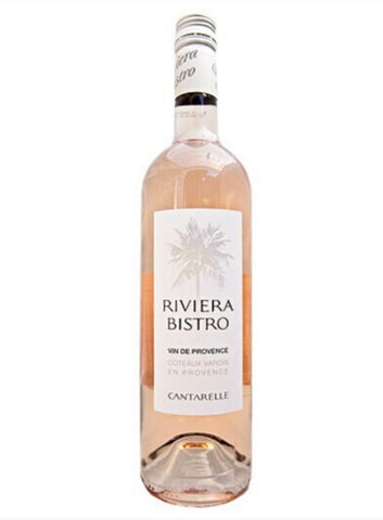 A bottle of Riviera Bistro Cantarelle rosé wine, showing the pale pink liquid inside a clear glass bottle with a white label and silver cap, set against a plain white background.