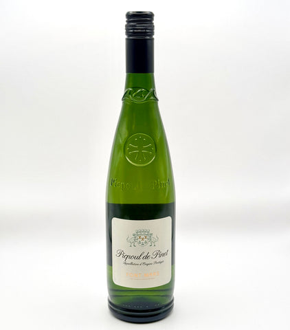 A bottle of Domaine Font-Mars Picpoul de Pinet white wine with a label that includes the product name and the Languedoc region indication.