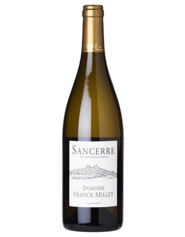 A bottle of Sancerre wine from Domaine Franck Millet, featuring a dark green glass bottle with a gold foil neck wrap and a white label with black text and a small architectural illustration.