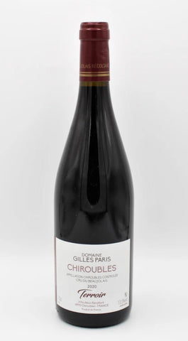 A bottle of Chiroubles red wine by Domaine Oilles Paris, featuring a dark glass bottle with a white label and a dark red foil seal, set against a plain light gray background.