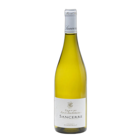 A bottle of Domaine La Barbotaine Sancerre featuring a pale yellow-green liquid in a clear glass bottle with a white label and silver foil cap, set against a plain white background.