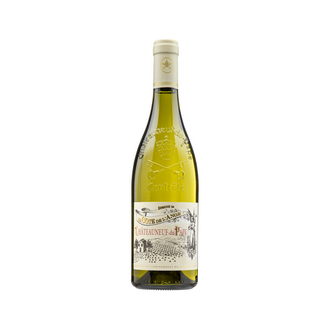 A bottle of Domaine La Cote de l'Ange Chateauneuf du Pape Blanc