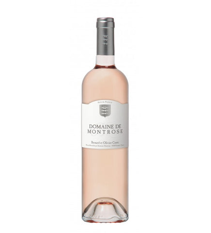 A bottle of Rosé wine from Domaine de Montrose, featuring a pale pink liquid, a white label with gray text, and a silver foil cap, set against a plain white background.