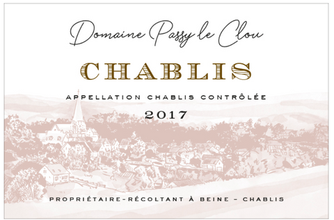 Label of Passy Le Clou Chablis wine featuring text with the name of the wine and the year 2017.