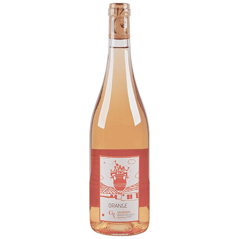 A bottle of Sangiovese rosé wine with a cork stopper, featuring a peach-colored liquid and a label with an orange illustration and the text 'ORANGE' and 'SANGIOVESE'.
