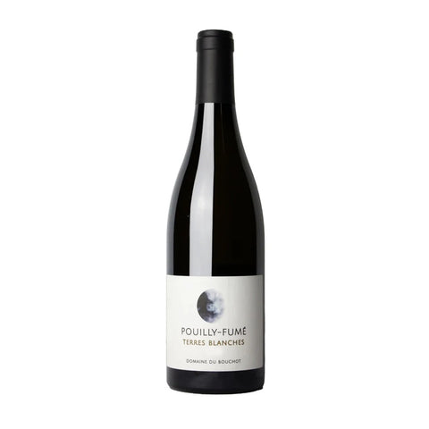 A bottle of Pouilly-Fumé Terre Blanche white wine from Domaine du Bouchot, featuring a dark glass bottle with a black cap and a white label with black text.