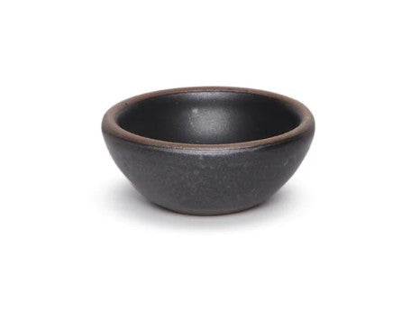 A small dark gray ceramic bowl with a contrasting brown rim, shown on a plain white background.