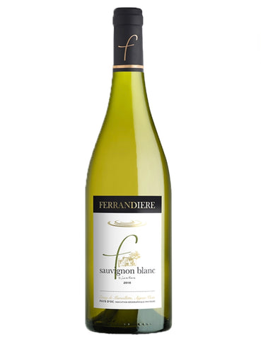 A bottle of Ferrandiere Sauvignon Blanc white wine, featuring a pale green glass bottle, a white label with black and gold text, and a black foil cap with a gold letter 'f'.