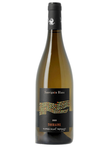 A bottle of Touraine Sauvignon Blanc white wine, featuring a dark green glass bottle with a black label and capsule, set against a plain white background.