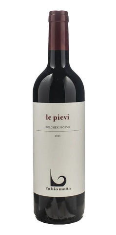 A bottle of Fabio Motta Le Pievi Solgheri Rosso red wine, featuring a dark glass bottle with a cream-colored label and a dark brown foil capsule, isolated on a white background.