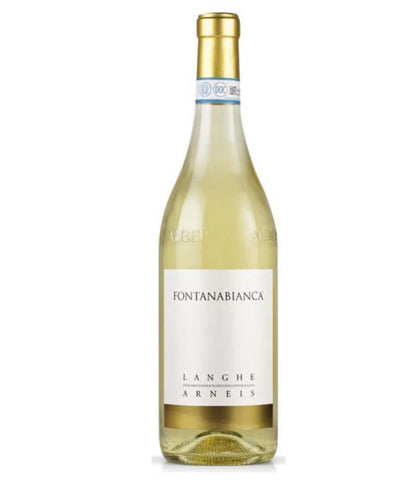 A bottle of Langhe Arneis Fontanabianca white wine with a gold foil cap and a white label, set against a plain white background.