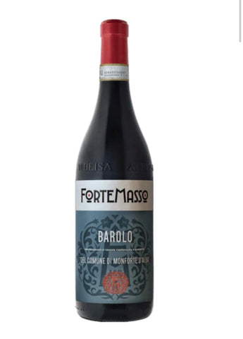 A bottle of Forte Masso Barolo red wine with a dark glass body, a red foil capsule, and a blue-gray label with white and red details, set against a plain white background.