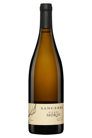 A bottle of Pierre Morin Sancerre white wine with an amber-colored glass body, a cream-colored label, and a black capsule, shown against a plain white background.