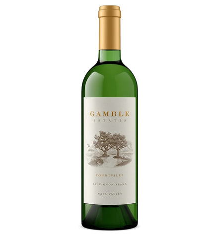A bottle of Gamble Estates Fourtyville Sauvignon Blanc from the Sapa Valley, featuring a dark green glass bottle with a gold foil capsule and a cream-colored label with a tree illustration.