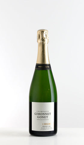 A bottle of L'Original Grimonet Champagne on a clean white background.