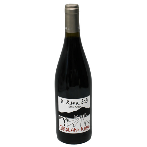 A bottle of Girolamo Russo A Rina Etna Rosso red wine with a label indicating its origin from Sicily, Italy.