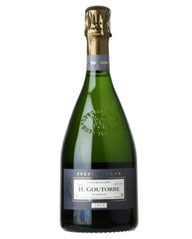 A bottle of H. Goutorbe Champagne Special Club, featuring a dark green glass bottle, a gold foil top, and a black and white label, set against a plain white background.