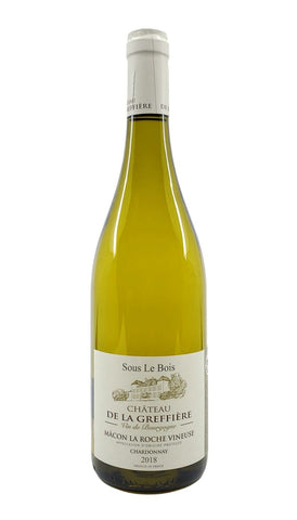 A bottle of Château de la Greffiere Sous Le Bois white wine, featuring a pale yellow-green glass bottle with a white paper label and white capsule, set against a plain white background.
