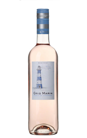 A bottle of Gris Marin Rosé Wine with a light blue and white lighthouse label, set against a plain white background.