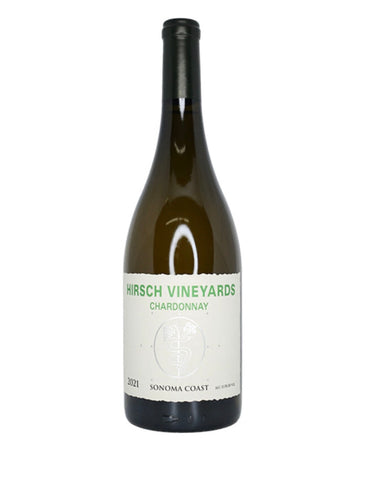 A bottle of Hirsch Vineyards Chardonnay Sonoma Coast 2021, featuring a dark green glass bottle with a white label and green text, set against a plain white background.
