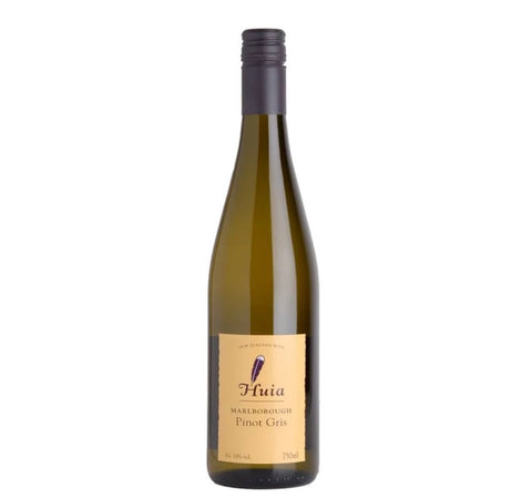 A bottle of Huia Marlborough Pinot Gris white wine, featuring a dark olive-green glass bottle, a beige label with a purple wine glass logo, and a dark grey screw cap, set against a plain white background.