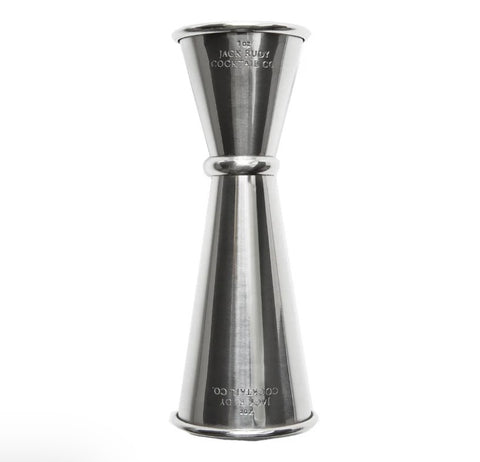 A stainless steel jigger with engraved measurements and the brand name Jack Daniel's Cocktails Co. on a plain white background.