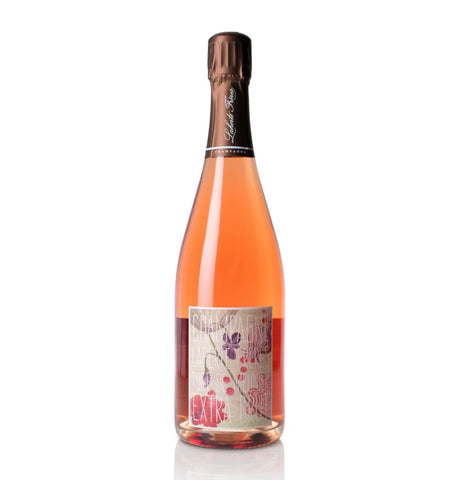 A bottle of Rosé Champagne with a dark brown foil top and a white label featuring red and purple illustrations, set against a plain white background.