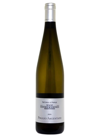 A bottle of Poggio Argentato Bianco Riserva wine with a dark green glass body, a white label, and a silver foil capsule, shown against a plain white background.